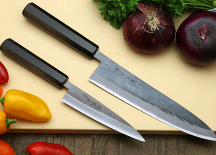 Yoshihiro Kurouchi Black-Forged Blue Steel Stainless Clad Gyuto Chefs Knife and Petty Utility Knife 2PC SET (Ebony Handle)