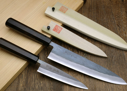 Yoshihiro Kurouchi Black-Forged Blue Steel Stainless Clad Gyuto Chefs Knife and Petty Utility Knife 2PC SET (Ebony Handle)