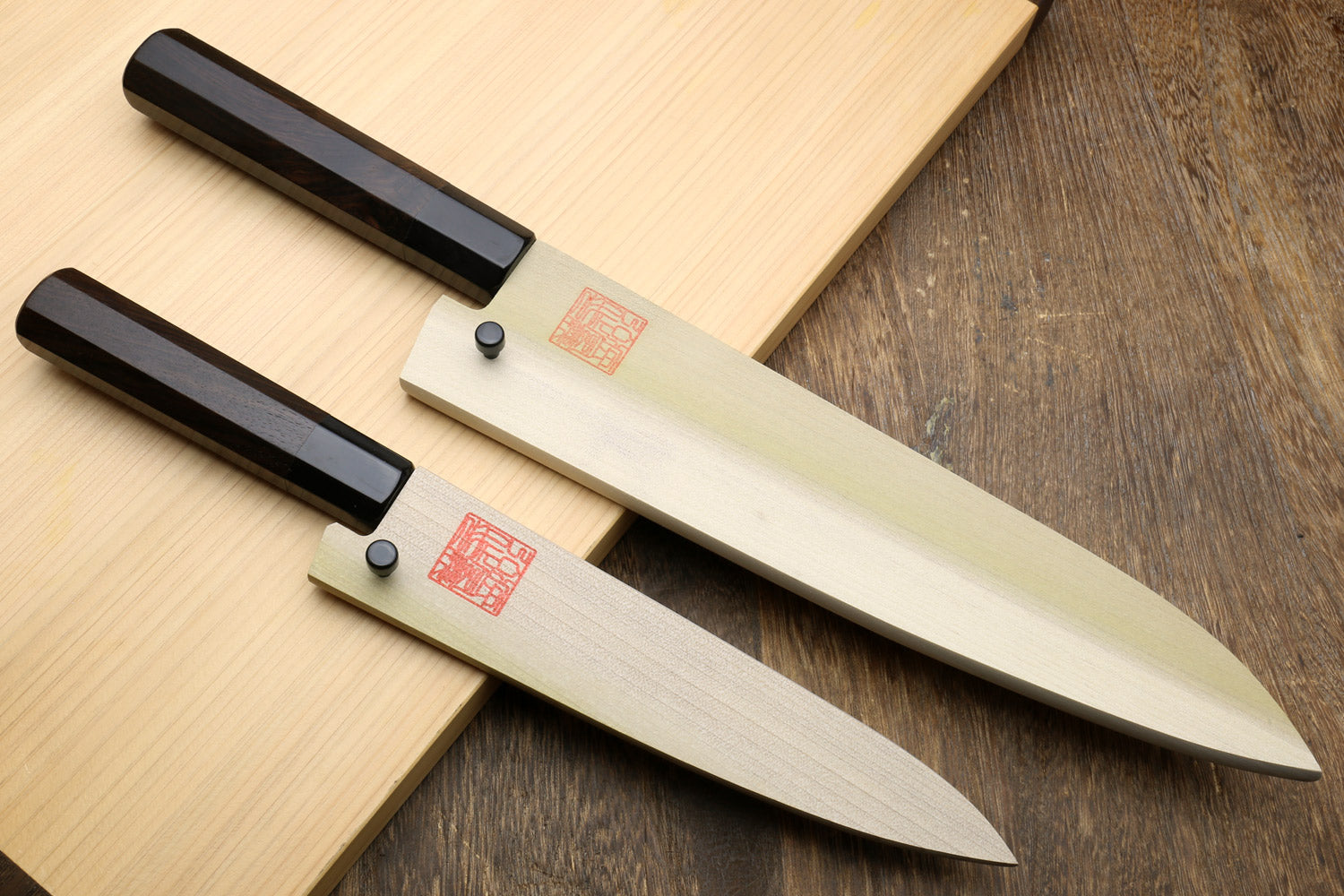 Yoshihiro Kurouchi Black-Forged Blue Steel Stainless Clad Gyuto Chefs Knife and Petty Utility Knife 2PC SET (Ebony Handle)