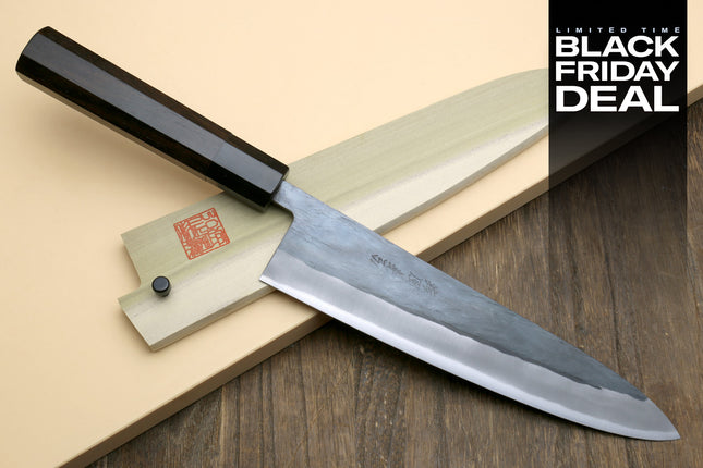 (BF Sale) Yoshihiro Kurouchi Black-Forged Blue Steel Stainless Clad Gyuto Chefs Knife, Ebony Handle (Blade Length 8.25" (210mm))