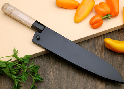 Yoshihiro Kurouchi Black-Forged Blue Steel Stainless Clad Gyuto Chefs Knife Kaede wood Handle
