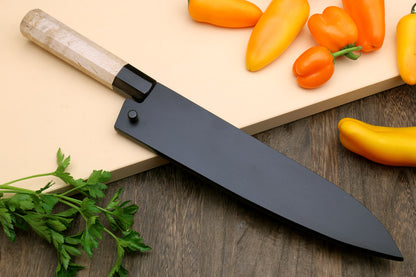 Yoshihiro Kurouchi Black-Forged Blue Steel Stainless Clad Gyuto Chefs Knife Kaede wood Handle