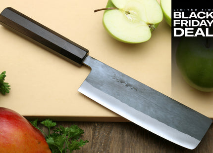 (BF Sale) Yoshihiro Kurouchi Black-Forged Blue Steel Stainless Clad Nakiri Japanese Vegetable Knife, Ebony Handle (Blade Length 6.5" (165mm))