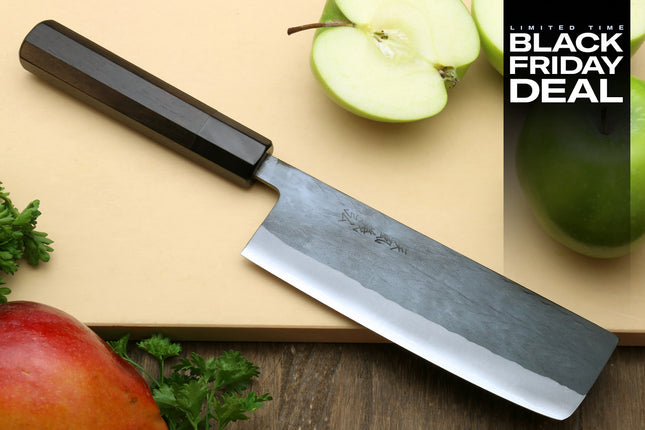 (BF Sale) Yoshihiro Kurouchi Black-Forged Blue Steel Stainless Clad Nakiri Japanese Vegetable Knife, Ebony Handle (Blade Length 6.5" (165mm))