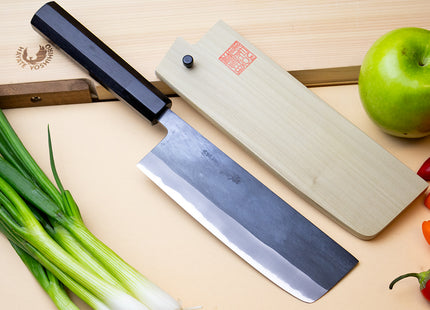 Yoshihiro Kurouchi Black-Forged Blue Steel Stainless Clad Nakiri Japanese Vegetable Knife (Ebony Handle)