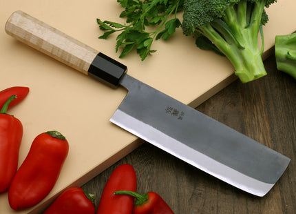 Yoshihiro Kurouchi Black-Forged Blue Steel Stainless Clad Nakiri Japanese Vegetable Knife Kaede Wood Handle