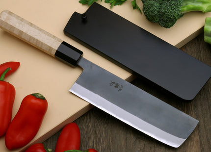 Yoshihiro Kurouchi Black-Forged Blue Steel Stainless Clad Nakiri Japanese Vegetable Knife Kaede Wood Handle