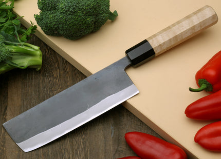 Yoshihiro Kurouchi Black-Forged Blue Steel Stainless Clad Nakiri Japanese Vegetable Knife Kaede Wood Handle
