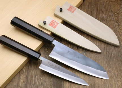 Yoshihiro Kurouchi Black-Forged Blue Steel Stainless Clad Santoku Multipurpose Knife 6.5"(165mm) and Petty Utility Knife 5.3"(135mm) 2PC SET (Ebony Handle)