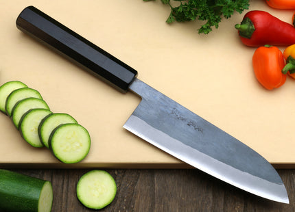 Yoshihiro Kurouchi Black-Forged Blue Steel Stainless Clad Santoku Multipurpose Knife 6.5"(165mm) and Petty Utility Knife 5.3"(135mm) 2PC SET (Ebony Handle)