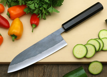 Yoshihiro Kurouchi Black-Forged Blue Steel Stainless Clad Santoku Multipurpose Knife 6.5"(165mm) and Petty Utility Knife 5.3"(135mm) 2PC SET (Ebony Handle)