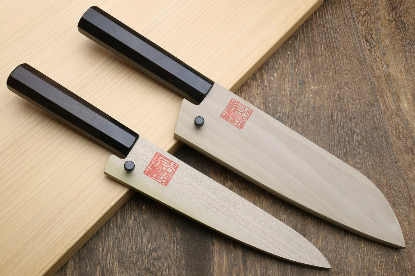 Yoshihiro Kurouchi Black-Forged Blue Steel Stainless Clad Santoku Multipurpose Knife 6.5"(165mm) and Petty Utility Knife 5.3"(135mm) 2PC SET (Ebony Handle)