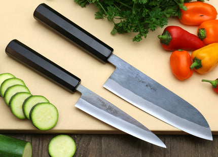 Yoshihiro Kurouchi Black-Forged Blue Steel Stainless Clad Santoku Multipurpose Knife 6.5"(165mm) and Petty Utility Knife 5.3"(135mm) 2PC SET (Ebony Handle)