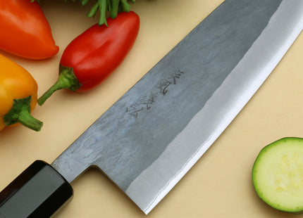 Yoshihiro Kurouchi Black-Forged Blue Steel Stainless Clad Santoku Multipurpose Knife (Ebony Handle)