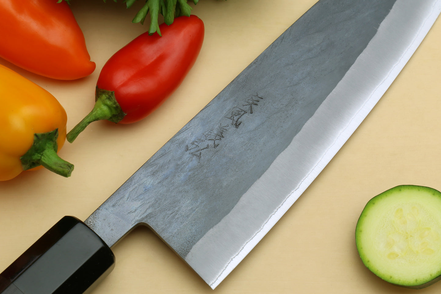 Yoshihiro Kurouchi Black-Forged Blue Steel Stainless Clad Santoku Multipurpose Knife (Ebony Handle)