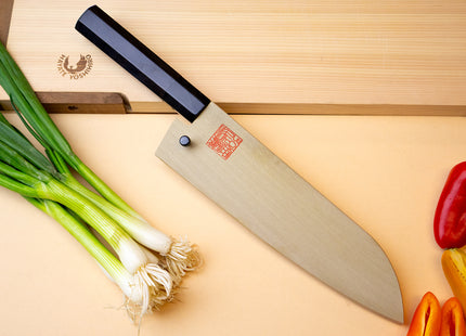 Yoshihiro Kurouchi Black-Forged Blue Steel Stainless Clad Santoku Multipurpose Knife (Ebony Handle)