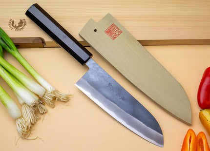 Yoshihiro Kurouchi Black-Forged Blue Steel Stainless Clad Santoku Multipurpose Knife (Ebony Handle)