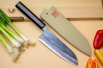 Yoshihiro Kurouchi Black-Forged Blue Steel Stainless Clad Santoku Multipurpose Knife (Ebony Handle)