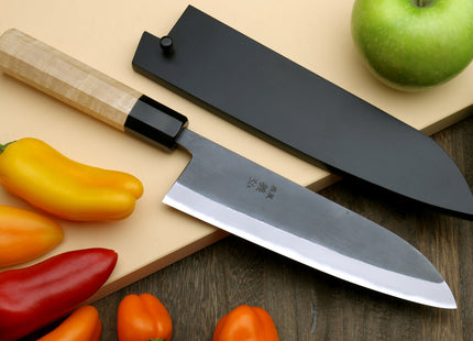 Yoshihiro Kurouchi Black-Forged Blue Steel Stainless Clad Santoku Multipurpose Knife Kaede Wood Handle