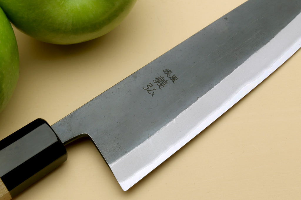Yoshihiro Kurouchi Black-Forged Blue Steel Stainless Clad Santoku Multipurpose Knife Kaede Wood Handle