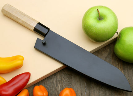 Yoshihiro Kurouchi Black-Forged Blue Steel Stainless Clad Santoku Multipurpose Knife Kaede Wood Handle