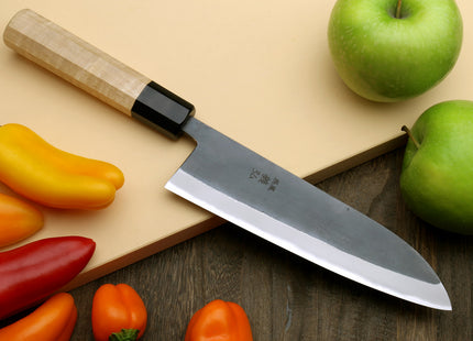 Yoshihiro Kurouchi Black-Forged Blue Steel Stainless Clad Santoku Multipurpose Knife Kaede Wood Handle