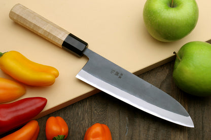 Yoshihiro Kurouchi Black-Forged Blue Steel Stainless Clad Santoku Multipurpose Knife Kaede Wood Handle