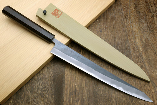 Yoshihiro Kurouchi Black-Forged Blue Steel Stainless Clad Sujihiki Kiritsuke Slicer Knife (Ebony Handle)