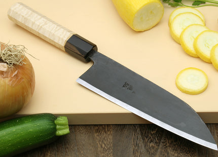 Yoshihiro Kurouchi High Carbon White Steel #2 Santoku Japanese Multipurpose Chef Knife with Camphor Handle