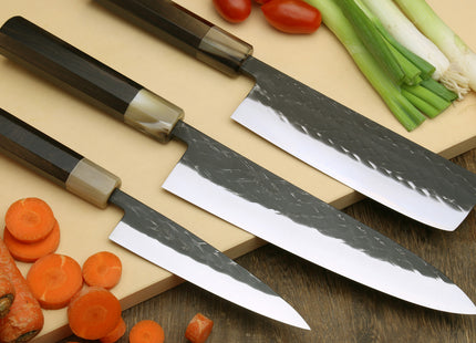 Yoshihiro Kurouchi Stainless Clad Nashiji High Performance SLD Gyuto, Nakiri & Petty 3pc Knife Set with Saya