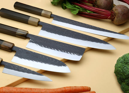 Yoshihiro Kurouchi Stainless Clad Nashiji High Performance SLD (Gyuto, Santoku, Nakiri, Sujihiki-Kiritsuke & Petty) 5pc Knife Set with Magnolia Saya