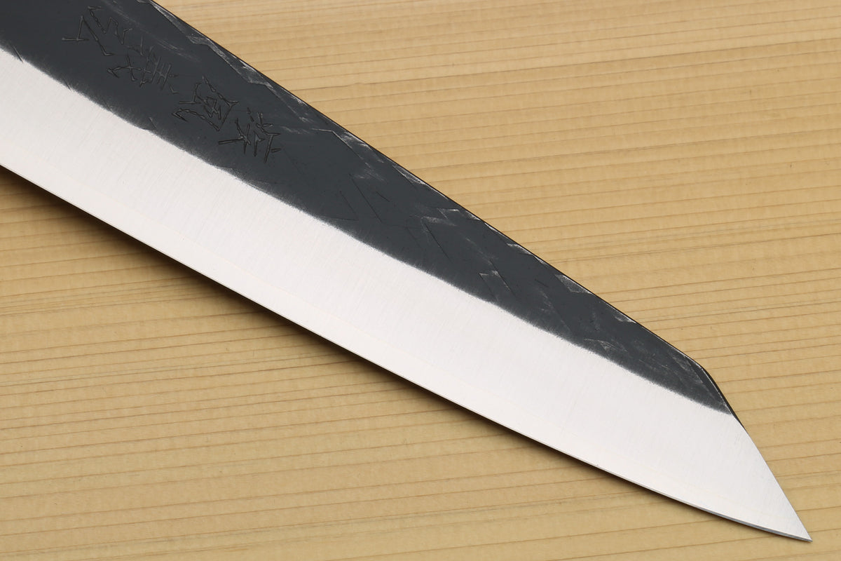 Petty-utility knife tip and edge, textured dark blade with polished cutting bevel