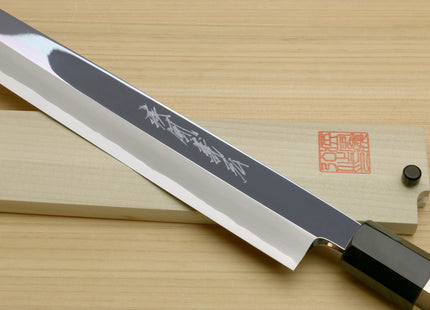 Yoshihiro Left-Handed Ginsan Mirror Polished Stain Resistant Steel Yanagi Sushi Sashimi Japanese Knife Triple Nickel Silver Ring and Ebony Handle