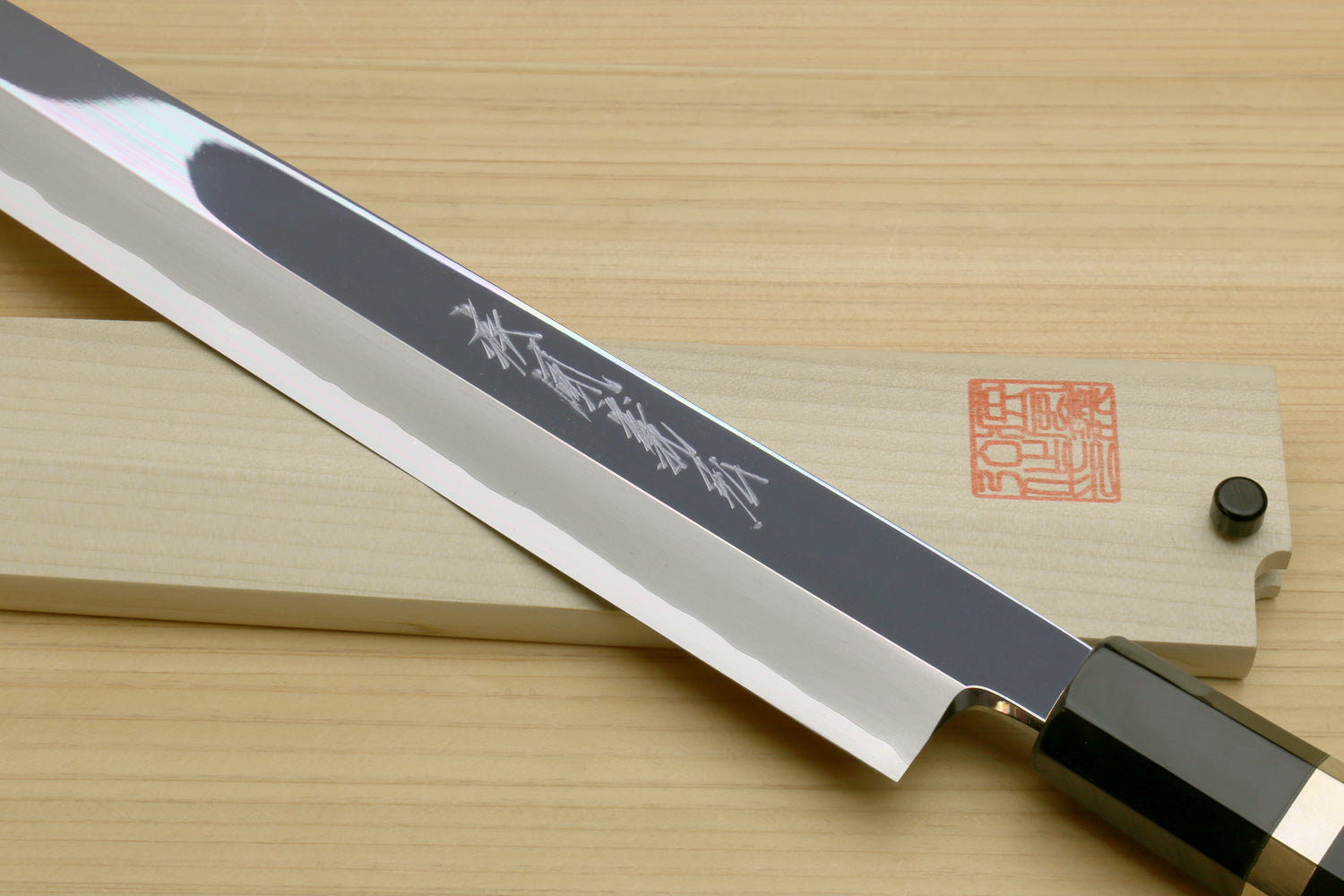 Yoshihiro Left-Handed Ginsan Mirror Polished Stain Resistant Steel Yanagi Sushi Sashimi Japanese Knife Triple Nickel Silver Ring and Ebony Handle