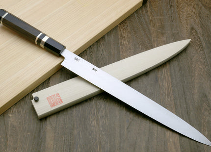 Yoshihiro Left-Handed Ginsan Mirror Polished Stain Resistant Steel Yanagi Sushi Sashimi Japanese Knife Triple Nickel Silver Ring and Ebony Handle