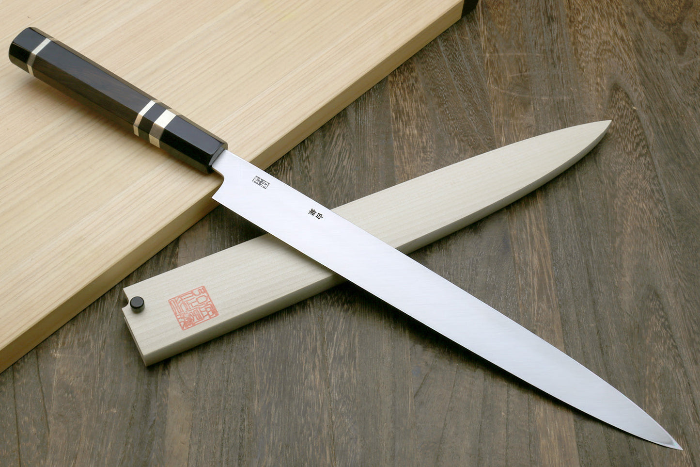 Yoshihiro Left-Handed Ginsan Mirror Polished Stain Resistant Steel Yanagi Sushi Sashimi Japanese Knife Triple Nickel Silver Ring and Ebony Handle