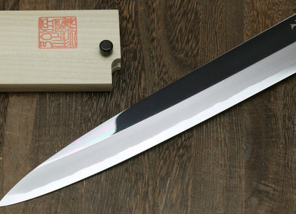 Yoshihiro Left-Handed Ginsan Mirror Polished Stain Resistant Steel Yanagi Sushi Sashimi Japanese Knife Triple Nickel Silver Ring and Ebony Handle