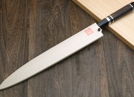 Yoshihiro Left-Handed Ginsan Mirror Polished Stain Resistant Steel Yanagi Sushi Sashimi Japanese Knife Triple Nickel Silver Ring and Ebony Handle