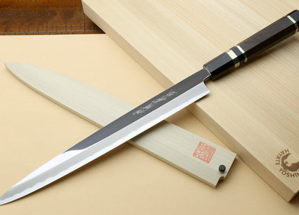 Yoshihiro Left-Handed Ginsan Mirror Polished Stain Resistant Steel Yanagi Sushi Sashimi Japanese Knife Triple Nickel Silver Ring and Ebony Handle
