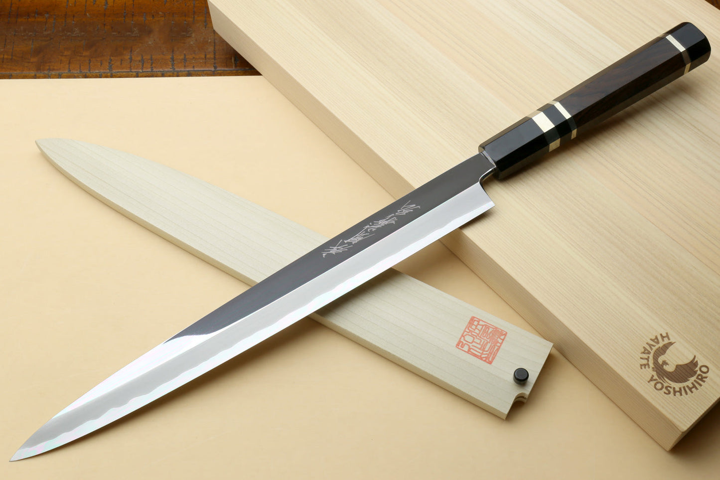 Yoshihiro Left-Handed Ginsan Mirror Polished Stain Resistant Steel Yanagi Sushi Sashimi Japanese Knife Triple Nickel Silver Ring and Ebony Handle