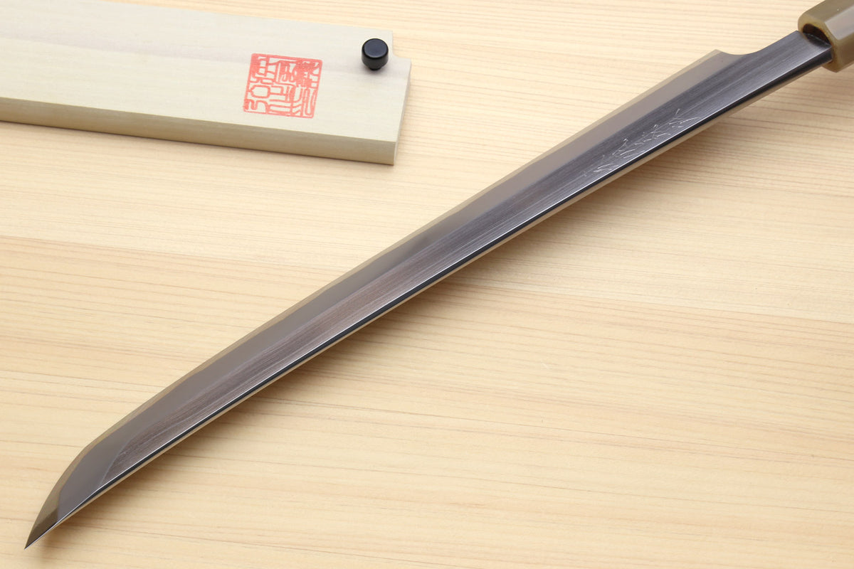 Sushi sashimi knife with long curved dark-finished blade and narrow sakimaru tip