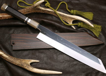 Yoshihiro Mizu Honyaki White Steel #1 Mirror Polished Mt. Fuji with Crescent Moon Kiritsuke with Oct. Ebony Triple Nickel Silver Ring Handle and Ebony Saya