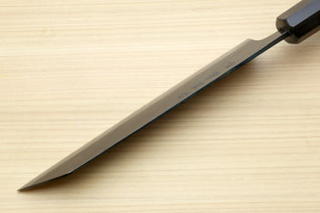 Japanese utility kiritsuke knife long blade side view with dark handle