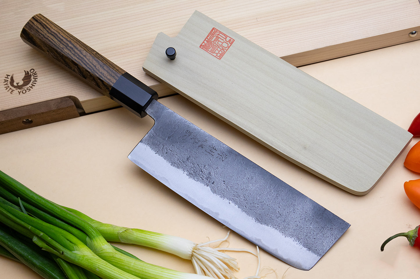 Yoshihiro Nashiji High Carbon White Steel #2 Japanese Nakiri Vegetable Knife with Cocobolo Wood Handle