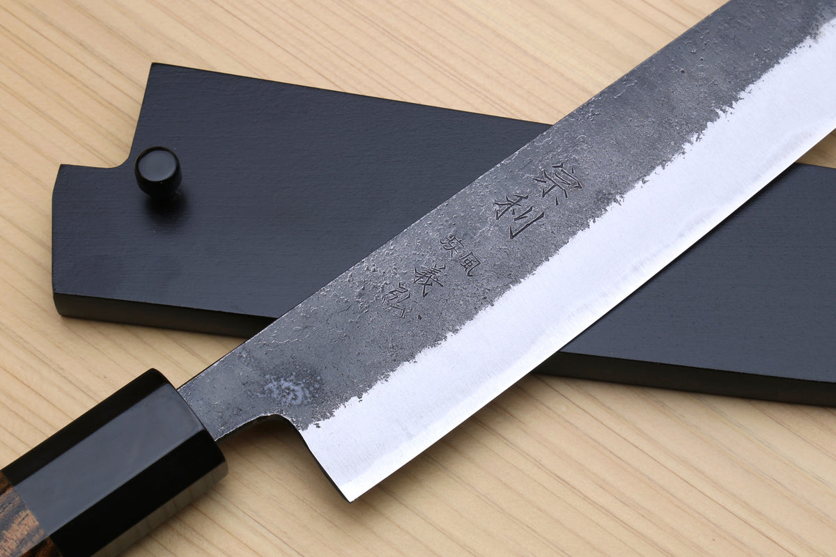 Japanese slicer knife with white-steel blade and black saya cover