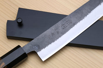 Japanese slicer knife with white-steel blade and black saya cover