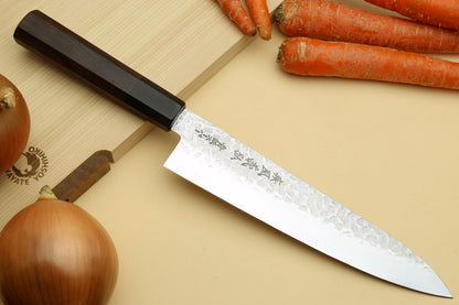 Yoshihiro Super Blue Steel Stainless Clad Hammered Gyuto Chefs Knife Rosewood Handle