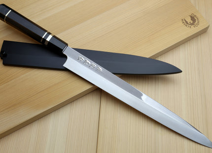 Yoshihiro SVG-10 Semi-Stainless Steel Mirror Finished Yanagi Sushi Sashimi Japanese Knife Ebony Handle with Triple Nickel Silver Ring