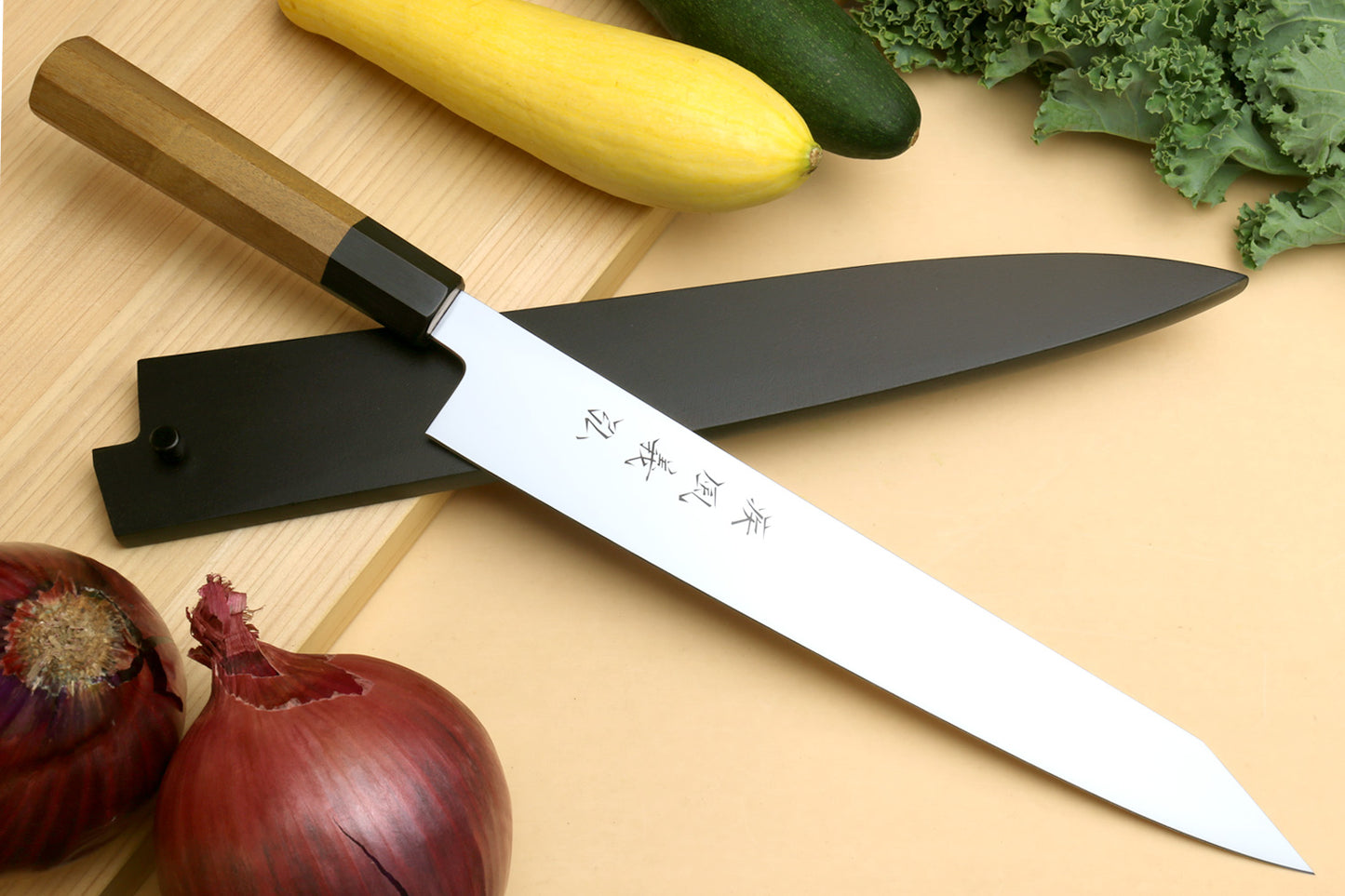 Yoshihiro VG-1 Gold Stainless Steel Sujihiki Kiritsuke Japanese Slicer Chefs Knife Ambrosia Handle