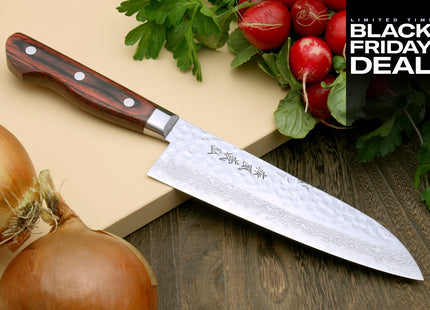 (BF Sale) Yoshihiro VG-10 16 Layer Hammered Damascus Stainless Steel Santoku Chef Knife (Blade Length 7" (180mm))